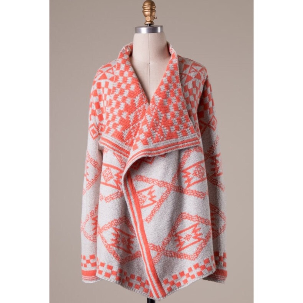 Tribal Aztec Print Knit Cardigan in Coral